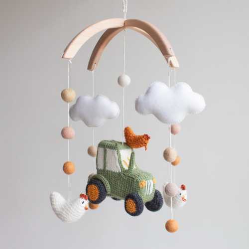 Cluck & Roll Tractor Baby Mobile – Farm Nursery Decor - Green Tractor cot mobiles – Barnyard crib mobile – Gender neutral baby shower gift