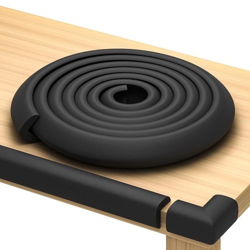 Furniture Edge and Corner Guards | 6.2m Soft Protective Foam Cushion 5.5m Bumper 8 Adhesive Childsafe Corners | Baby Child Proofing Set Nontoxic and Safe for Table, Fireplace, Countertop | Black