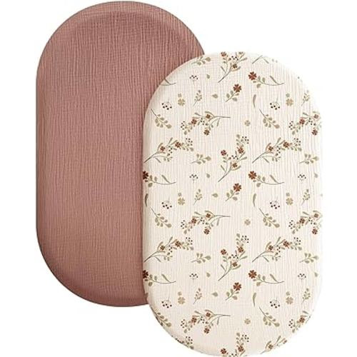 Konssy 2 Pack Muslin Fitted Bassinet Sheets for Baby Girl Boy, Soft Breathable Baby Bassinet Sheets Fit for Baby Bassinets, Cradle, Moses Basket Oval Rectangle Pad/Mattress (Chestnut, Floral)
