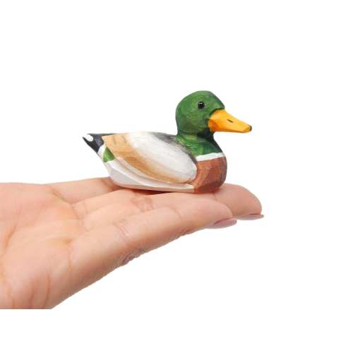 Mallard Wooden Duck Figurine - Drake Male Miniature Bird Statue Green Head Handmade Carving Home Decor Decoration Decoy Small Animals