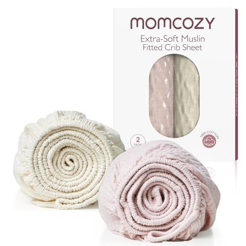 Momcozy Muslin Standard Fitted Crib Sheets, 52"x28", 2 Pack Soft Breathable Natural Cotton Baby Mattress Sheet, 360° Mattress Wrapping No Slip Boys Girls Neutral Toddler Bed Sheet, Beige Light Blush