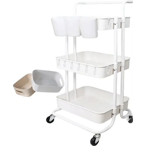 3 Tier Utility Rolling Cart Storage Organizer Shelf Rack with 3PCS Hanging Cups 8PCS Hook 2PCS Storage Box for Home Office Kitchen Bathroom Storage (White 3 Cup+8 Hook+2 Storage Box)