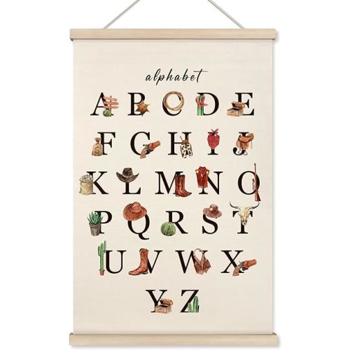 HRQKO Western Alphabet Poster Hanger Frame, ABC Poster Wall Art with Wooden Frames, Alphabet Banner Wall Hanging Decor for Boys Cowboys Room, 16x24 inch