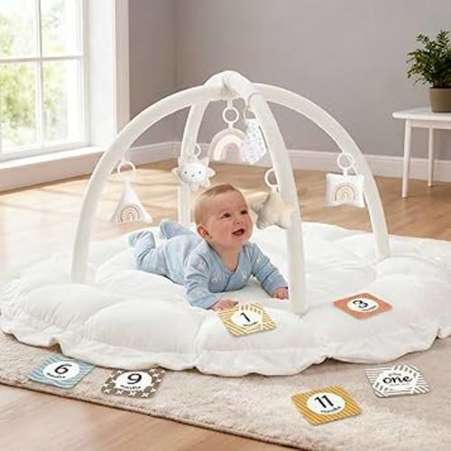 5-in-1 Thick & Plush Baby Play Gym, Baby Play Mats for Floor, Tummy Time Mat with 6 Toys, Convertible Stage-Based Developmental from Babies to Toddlers, Ball Pit, White