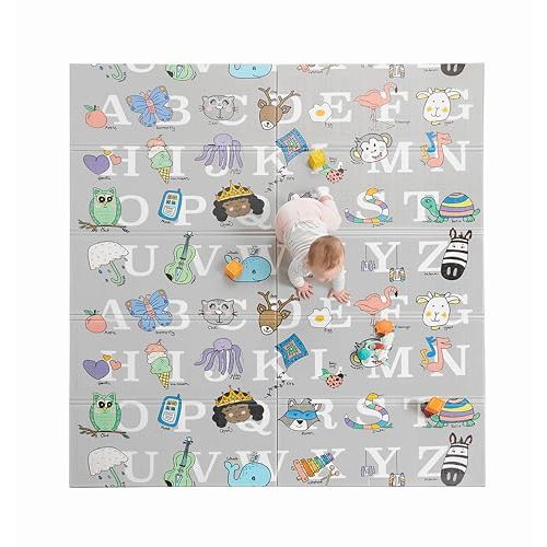 Regalo 77"x71" Extra Large Alphabet Play Mat for Babies and Toddlers, Alphabet Animal and Object Learning Mat, Non-Toxic Waterproof Foam Design, Reversible, Foldable for Easy Storage, Wipe Clean, Gray