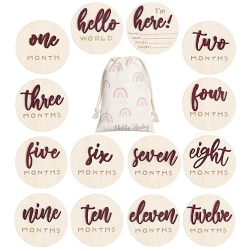 3D Baby Monthly Milestone Cards Sign 7 Pack Double Sided Wooden Circles Discs Baby Announcement Sign Hello World Newborn Sign for Baby Shower Newborn Photo Props (Reddish Brown)