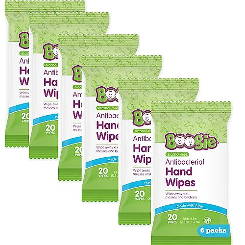 Antibacterial Hand Wipes by Boogie, Alcohol Free, Hypoallergenic and Moisturizing Aloe, Hand Wipes for Kids and Adults, 6 Packs of 20 (120 total wipes)