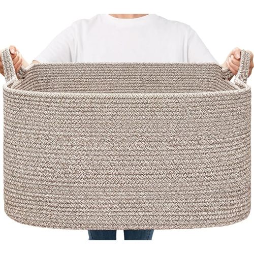Goodpick Large Woven Storage Basket, 21.6" x 14.9" x 11.8" Blanket Basket for Living Room, Bedroom, Rectangle Rope Storage Organizer for Clothes, Toys, Brown