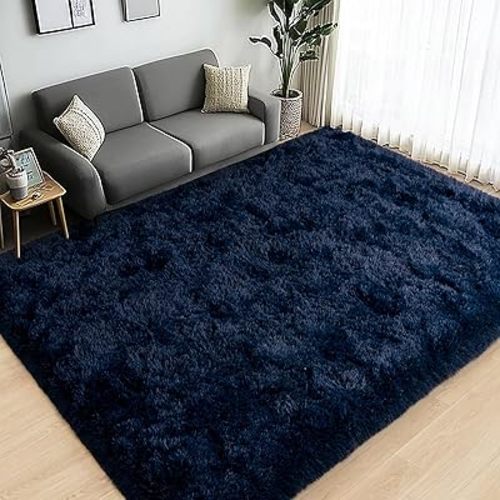 Large Area Rugs for Living Room Bedroom, 6x9 Feet Navy Blue Fluffy Shag Rug, Ultra Soft Shaggy Plush Fuzzy Modern Indoor Throw Floor Carpet for Kids Girls Boys Dorm Nursery Home Decor Aesthetic