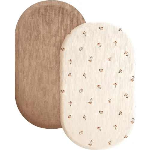 Konssy 2 Pack Muslin Fitted Bassinet Sheets for Baby Girl Boy, Soft Breathable Baby Bassinet Sheets Fit for Baby Bassinets, Cradle, Moses Basket Oval Rectangle Pad/Mattress (Brown,Berry)