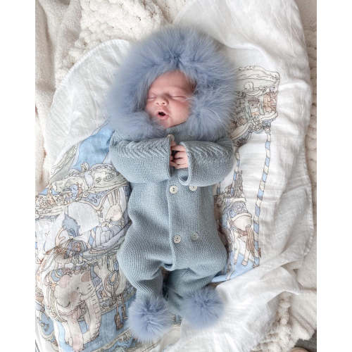 MI LOVES SIGNATURE Fox fur trim/pompoms Baby Pramsuit(ALL COLOURS)