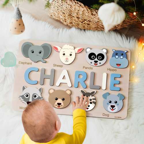 Custom Handmade Name Puzzle with Animals, Personalized Birthday Gift for Kids, Christmas Gifts for Toddlers, Unique New Baby Gift, Wood Toy