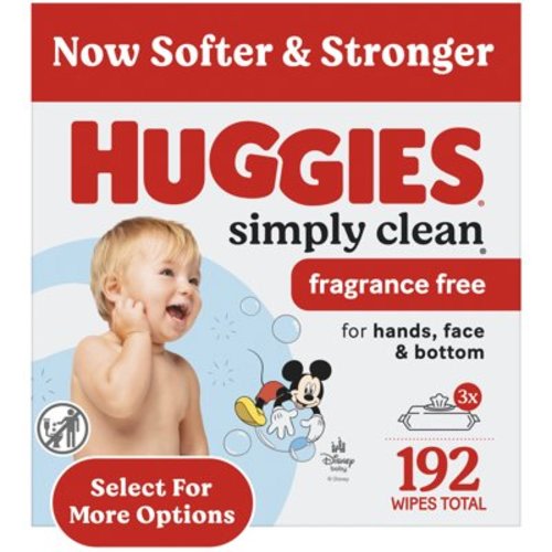 Huggies Simply Clean Unscented Baby Wipes for Sensitive Skin, Fragrance Free, 3 Pack, 192 Total Ct