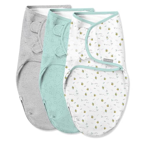 SwaddleMe by Ingenuity Easy Change Baby Swaddle in Size Small/Medium, 0-3 Months, 7-14 Pounds, 3-Pack with Easy Change Zipper - Little Bees