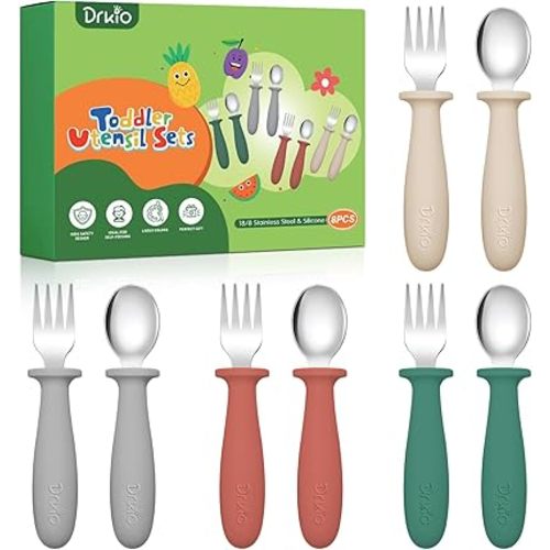 DRKIO 8 Pieces Toddler Utensils Set - Kids Silverware Set with Silicone Handle Children Safe 18/8 Stainless Steel Forks and Spoons Anti-Choke Design Food Grade Dishwasher Safe