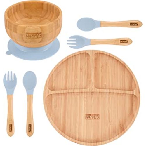 6PCS Bamboo Baby Feeding Set, Baby Suction Bowl & Plate with Silicone Spoons & Forks, Wooden Feeding Supplies for Infant & Toddlers, Baby Led Weaning Supplies Non Slip & BPA Free (Blue-Round)