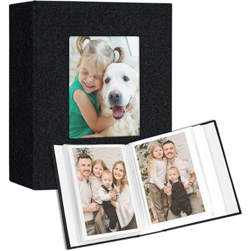 Vienrose Small Photo Album 4x6 holds 100 Photos 2 Pack, Mini Baby Photo Album Linen Cover for Gifts Wedding Family, Black