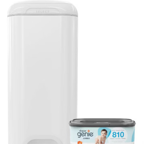 Diaper Genie Select Pail Registry Gift Set (White) | Made of Durable Stainless Steel Metal | Includes 2 Jumbo Refills | Holds 1620 Newborn Diapers