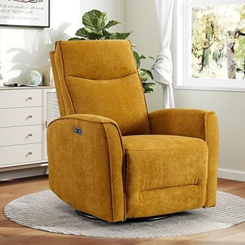 Bonzy Home Power Swivel Rocker Recliner Chair, Electric Rocker Nursery Glider Chair with Footrest and USB Port, Upholstered Fabric Reclining Rocker Chair for Living Room, Nursery, Yellow