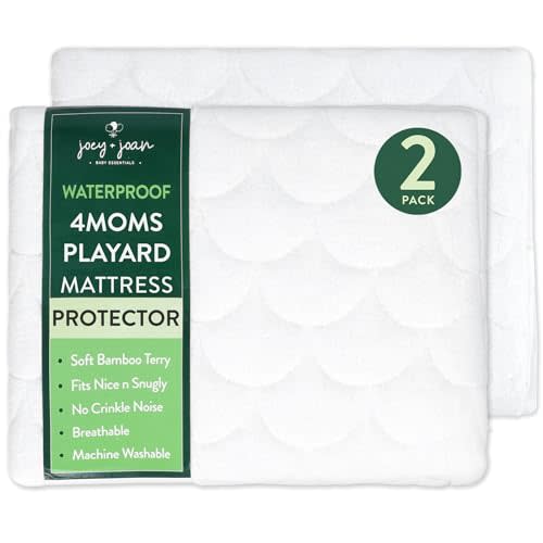 Joey + Joan Waterproof Pack and Play Mattress Pad Protector Cover – Compatible with 4moms Breeze Plus Playard, Baby Trend, Dream on Me, Pamo Babe – 2 Pack Quilted Bamboo Playard Sheets – 30" x 43"