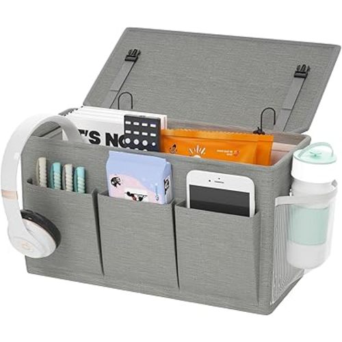 Dual-purpose Bedside Caddy Bedside Organizer, Bed Caddy with 6 Pockets, Versatile Bedside Storage Solution Magazine Remotes holder, ideal for Home, Dorm, Hospital, Crib Bed (Grey)