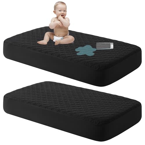 NTBAY 2 Pack Waterproof Mini Crib Mattress Protector, Quilted 24"x38" Fitted Mattress Cover - Machine Washable - Soft and Breathable Baby Mattress Pad Sheet for Mini Crib and Baby Playards, Black