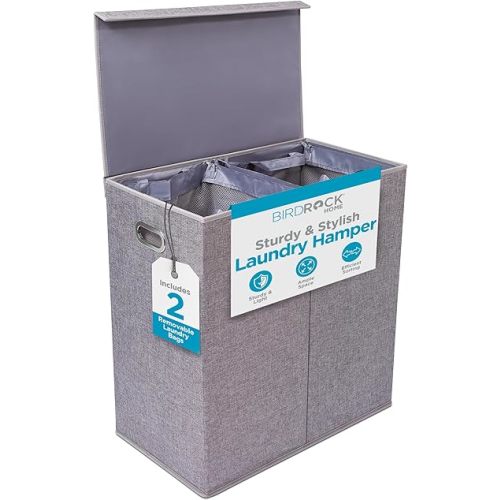 BIRDROCK HOME Laundry Hamper with Lid | Removable Bags for Sorting Clothes | Sectioned Laundry Basket for Bedroom & Bathroom | Collapsible Storage Bin with Cover | Double, Grey