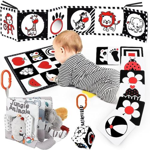 DRAMATION 5 in 1 High Contrast Baby Toys 0-3 Months for Newborn, Tummy Time Toys Montessori Toys for Babies 0 3 6 9 Months - Infant Sensory Soft Book Toys for Babies Girls Boys Baby Gifts