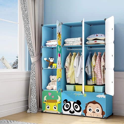 MAGINELS Kids Closet,Baby Wardrobe Closet with Door,Cute Portable Armoire Dresser,Clothes Hanging Storage Rack for Boy Bedroom,Blue,12 Cube(14x14inch)
