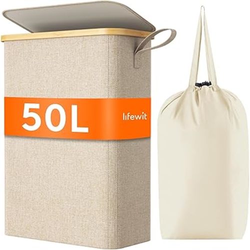 Lifewit 50L Slim Laundry Hamper with Lid, Narrow Laundry Basket with Removable Bag & Bamboo Handles, Fodable Thin Dirty Clothes Hamper for Laundry Collapsible Bin for Bathroom Bedroom Dorm, Beige