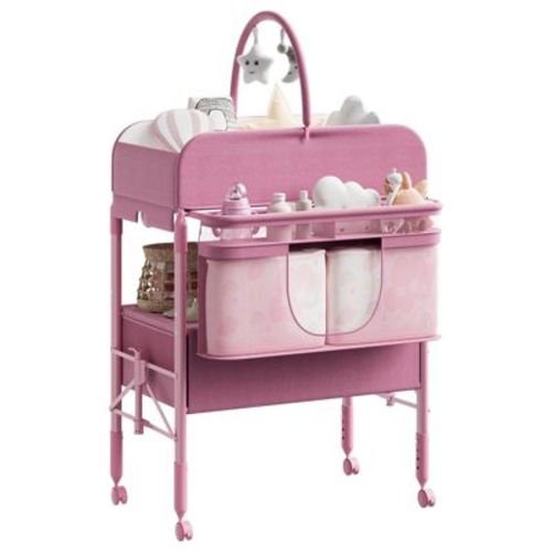 Portable Collapsible Baby Changing Table, Diaper Station with Drawers & Wheels, Adjustable Height Mobile Nursery Organizer