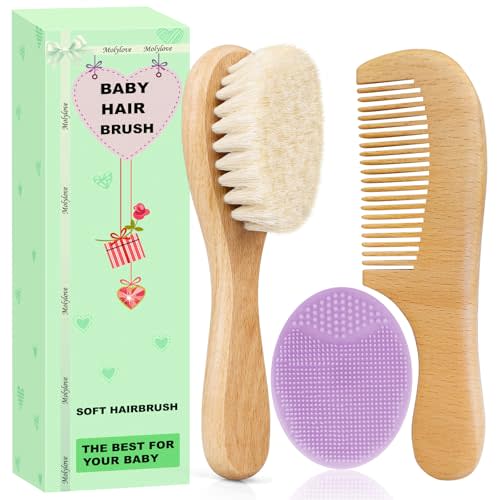 Molylove Baby Hair Brush and Comb Set for Newborns & Toddlers | Wooden Baby Brush Set with Soft Goat Bristles l Wood Comb l Purple Cradle Cap Brush| Ideal for Cradle Cap (3 Piece)