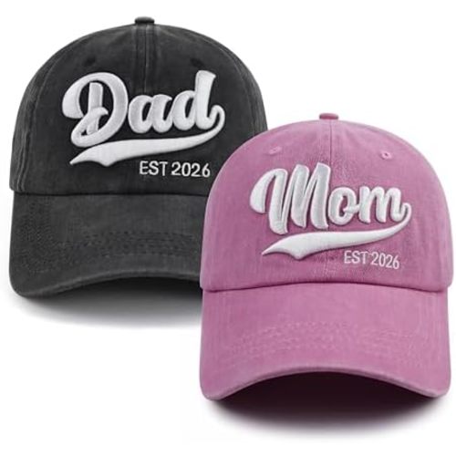 2PCS Mom and Dad EST 2026 Hat, 3D Embroidered Adjustable New Parents Gifts Baseball Cap