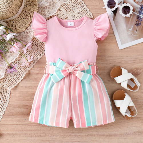 PatPat Toddler Girls Outfits Baby Little Girl Clothes Sets 2pcs Sweet Girly Flutter Sleeve Top and Stripe Belted Shorts Set for Gift, Pink, 5-6T
