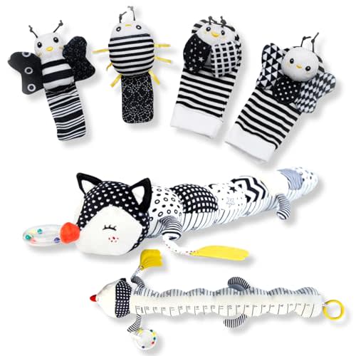 BABY K Baby Rattle Socks & Wrist Toys (Set E) and Musical Stuffed Fox Caterpillar Bundle - Newborn Baby Toys for 0-12 Months - Sensory Tummy Time Musical Rattle Toys with Contrast Design