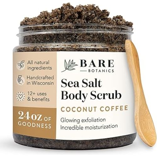 Bare Botanics Coconut Coffee Body Scrub 24oz | Made in Madison, WI | All Natural Sea Salt Exfoliator w/ Skin Loving Moisturizers | Vegan & Cruelty Free | Gift Ready Packaging w/ a Cute Wooden Spoon