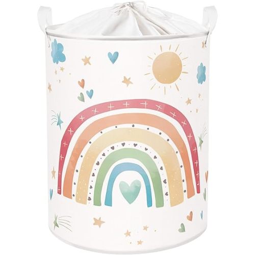Clastyle 63L Large Cloud Rainbow Kid Laundry Hamper with Handle Boy Girl Bedroom Bathroom Nursery Collapsible Clothes Toy Storage Basket with Lid