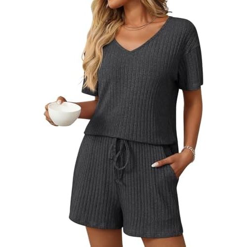 Women's Shorts Pajama Set Comfy Loungewear Short Sleeve Pj V Neck Sleepwear Tank Tops Lounge
