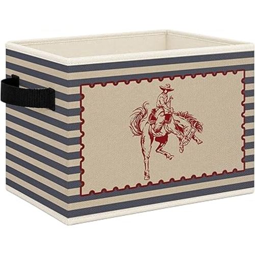 Western Cowboy Nursery Foldable Storage Bins Box with Handles, Retro Blue Striped Western Collapsible Toys Books Clothes Organizer Basket for Kids Boy Nursery Room Bedroom Bathroom Playroom