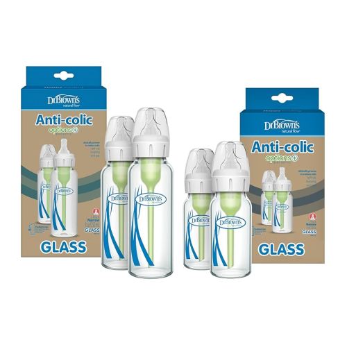 Dr. Brown's Natural Flow Anti-Colic Options+ Narrow Glass Baby Bottles, Made in The USA, BPA Free, 8oz and 4oz, 0m+, 4-Pack