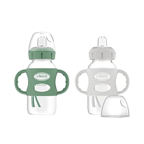 Dr. Brown's Milestones Wide-Neck Sippy Spout Bottle with 100% Silicone Handles, Easy-Grip Handles with Soft Sippy Spout, 9oz/270mL, Green & Gray, 2-Pack, 6m+ - 2 Pack, Green & Gray