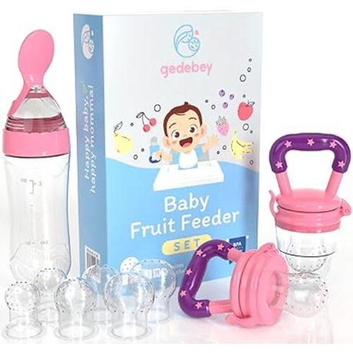 Baby Fruit Feeder Pacifier - 3 Pack | 2 Frozen Fruit Teething Pacifier & 1 Baby Food Spoon Feeder | Baby Silicone Feeder Pacifier | Teething Feeder, Baby Food Feeder Fruit Pacifier (Pink)