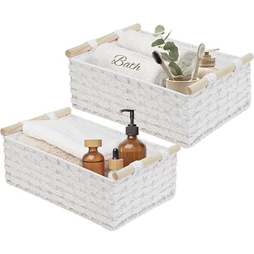 DECOMOMO White Wicker Baskets, Back of Toilet Basket, Bathroom Basket Organizer, Countertop, Home Decor (White, Set of 2)