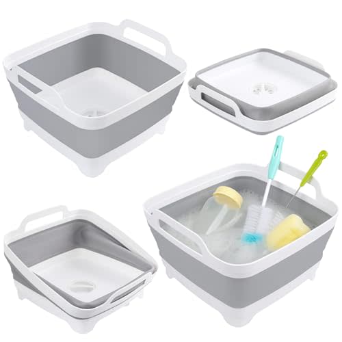 2 Packs Collapsible Dish Basin 2.4Gal Washing Basin for Baby Bottles Collapsible Camping Wash Basin Portable Camping Sink with Drain Plug Plastic Space-Saving Dish Tub for RV Kitchen Beverage Tub