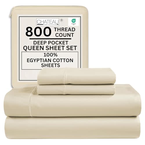 Queen Sheet Set - 800TC Egyptian Cotton Bedding Sheets & Pillowcases - Soft, Durable and Luxurious 4PC Sateen Weave Ivory Bed Sheets for Queen Size Bed, No Pill & Shrink Thick Machine Washable