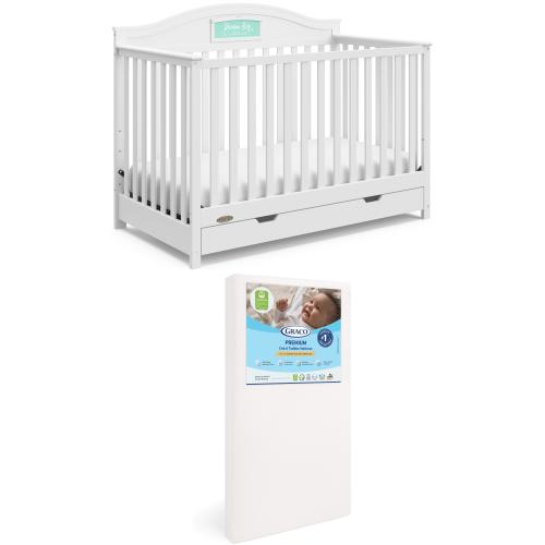 Graco Story Customizable 5-in-1 Convertible Crib with Drawer and Premium Crib & Toddler Mattress Bundle, White