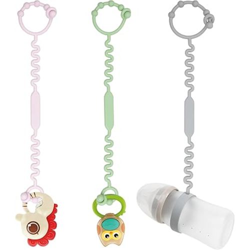 Toy Straps for Stroller, Pacifier Holder Clip with Self-Adjusting Bayonet, Pure Silicone Material Without BPA; Can Be Used for Teethers, Feeding Bottles, Toys, Baby Cribs, High Chairs(Pink-3ps)