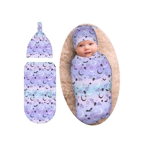 Gothic Bat Goth Baby Stuff Swaddle Blanket with Beanie Set, Star and Moon Print Swaddle Sack Newborn Sleeping Sacks for Girls Boys