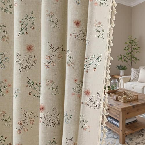 Floral Blackout Curtains 84 Inch Length 2 Panels Set Linen Farmhouse Curtains Boho Beige Tassel for Living Room Bedroom Vintage Western Panels Patterned