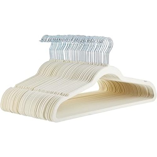 Amazon Basics Slim, Velvet, Non-Slip Sturdy Clothes Hangers, 50-Pack, Ivory/Silver